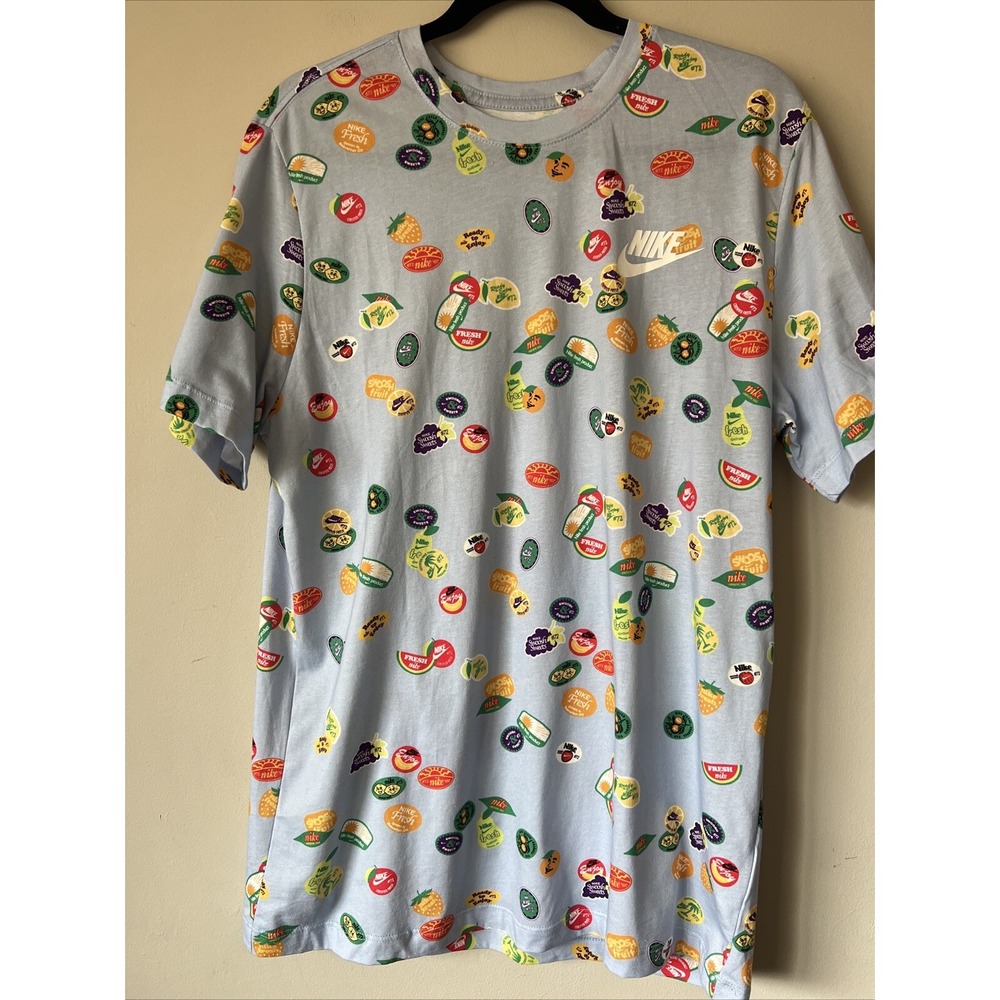 Nike T-Shirt Mens Size M CERTIFIED FRESH Fruit Sticker All Over Print Blue